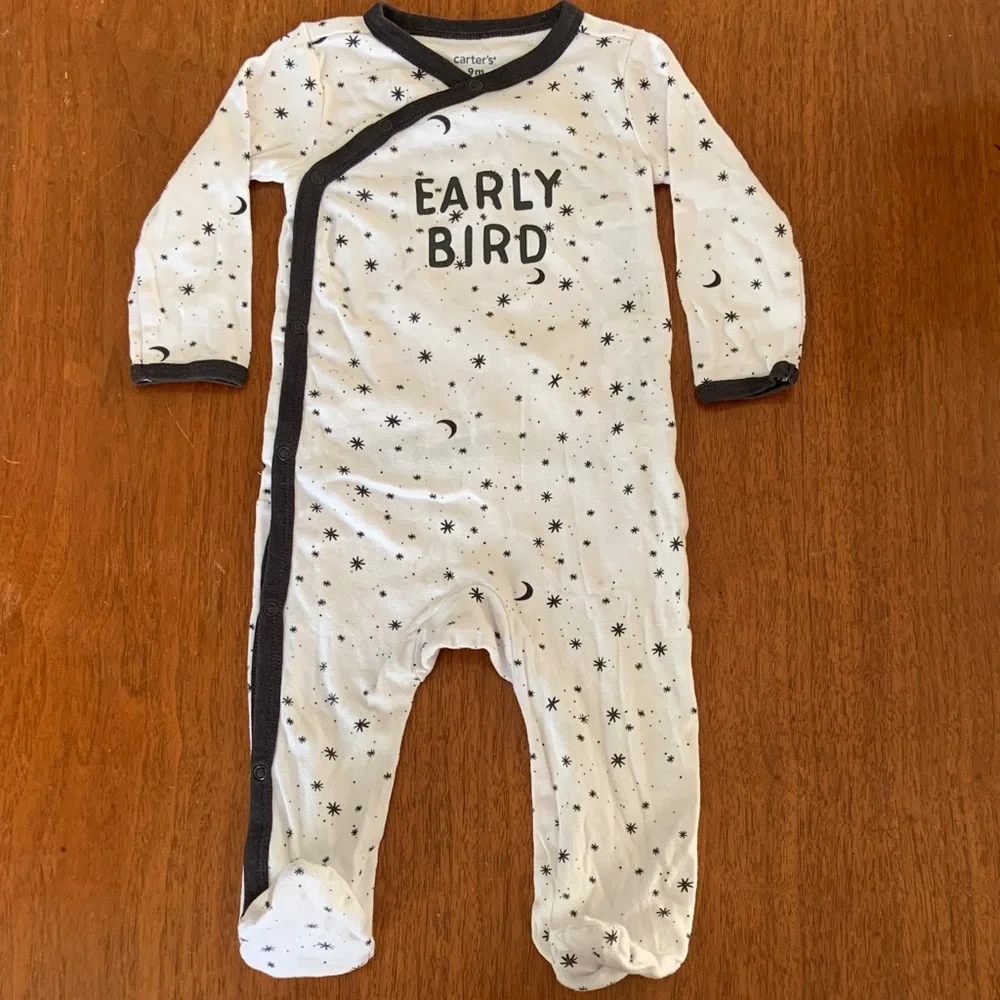 🍊5/$25 Carter's White and Charcoal Starry 'Early Bird' Footie size 9m - Picture 2 of 8